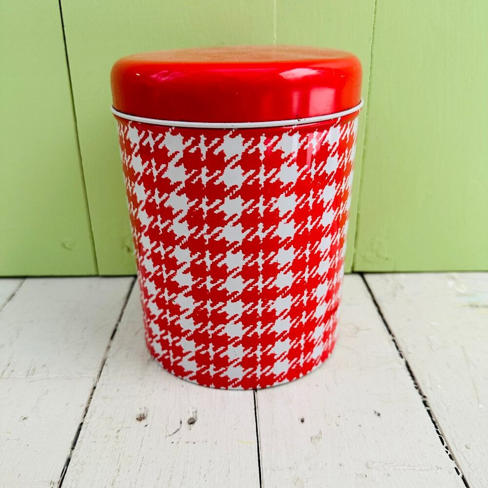 Vintage Red White Houndstooth Tin Canister Kitchen Storage Container